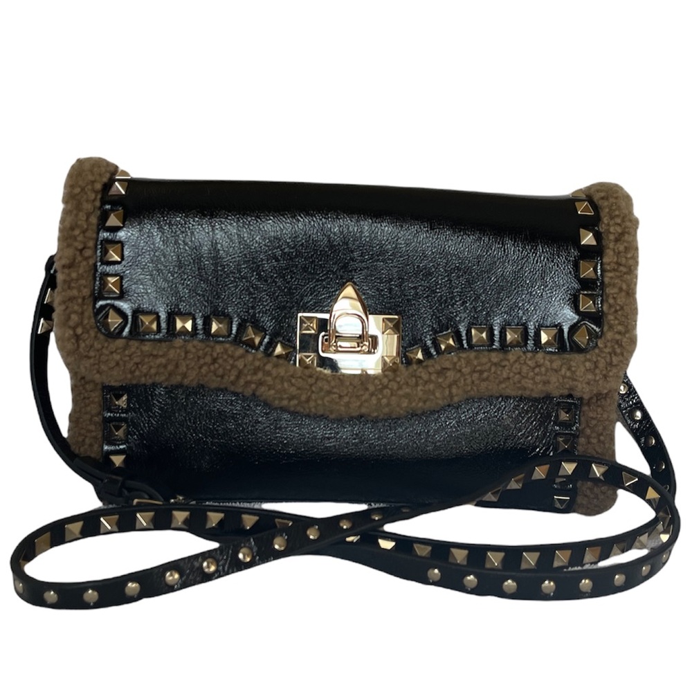 Valentino | Rare Black Small Flip lock Shearling Fur Rockstud Calfskin Crossbody
